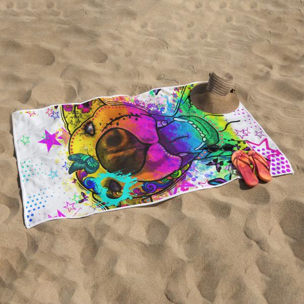 Strandtuch, Badetuch, Saunatuch mit buntem Hundemotiv in digitaler Popart mit Hunde Motiv Hazel